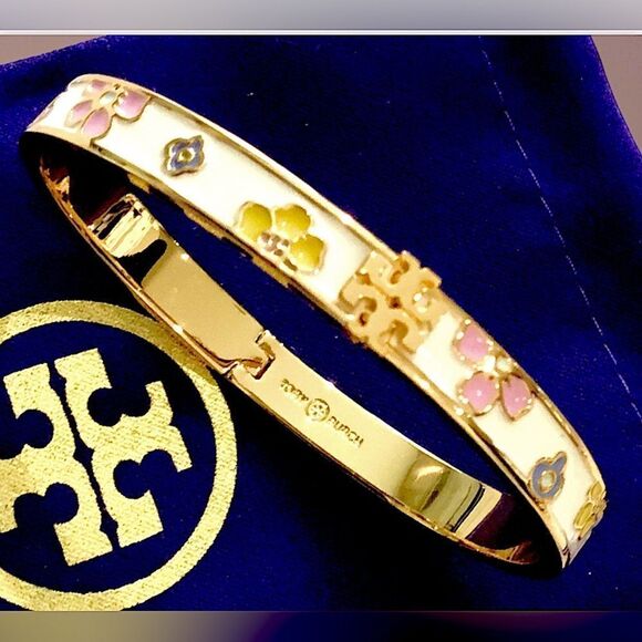 TORY BURCH MULTICOLORED FLOWERS LACQUERED BRACELET - Picture 1 of 4